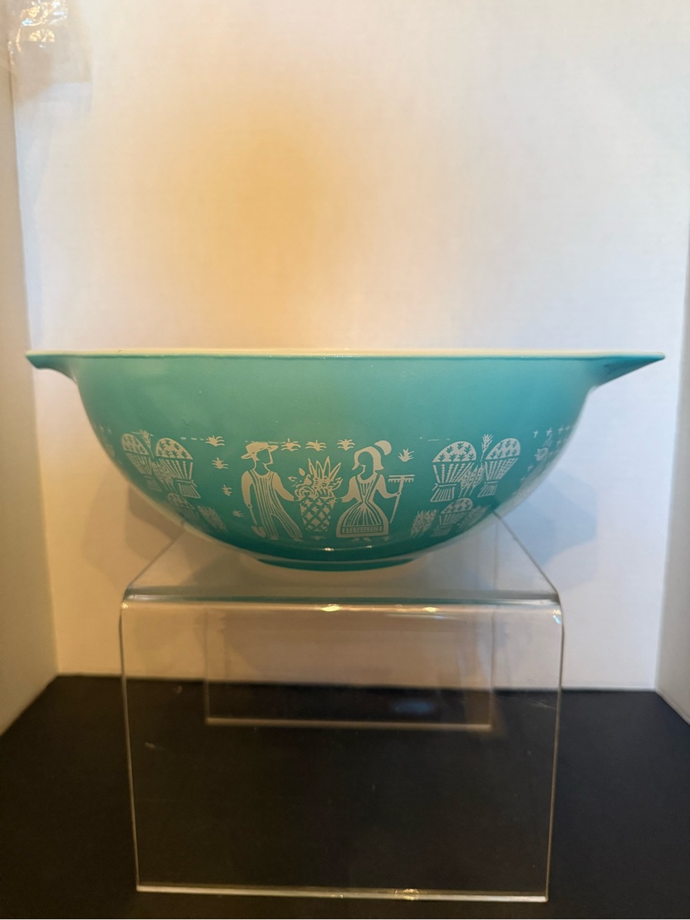 Pyrex Turquoise Mixing Bowl with White Folk Art Motif